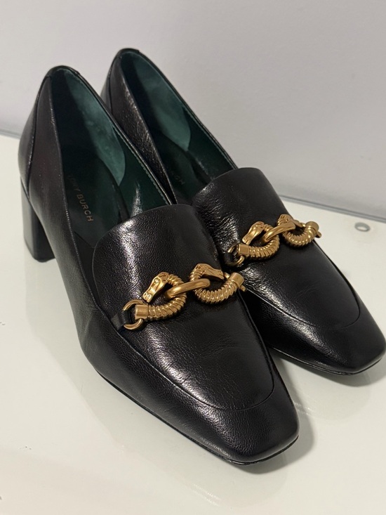 Tory Burch Shoes - Tory Burch Jessa Loafers Black Leather Block Heel Loafers with Gold Chain Accent